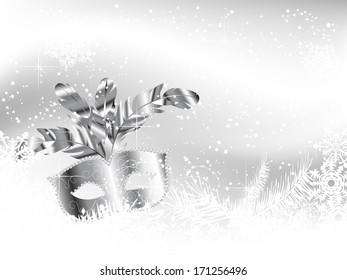 White background with silver mask, snowflakes and needles