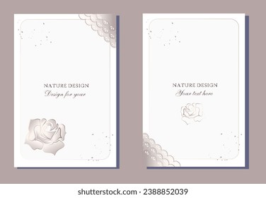 White background with silver rose. Botany. Template for certificate, diploma. Template for card, happy birthday card, greeting cards, weddings, flyers, invitations, wedding invitations, parties. Flowe