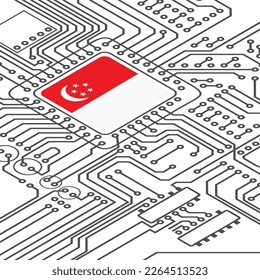 Weißer Hintergrund mit Singapur Flaggen-Mikrochip und Perspektive Stromkreis Silhouette. Elektronische Technologie-Boards mit CPUs aus Singapur