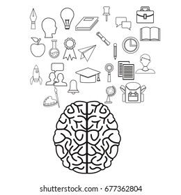 white background with sketch contour brain human with elements academic knowledge floating
