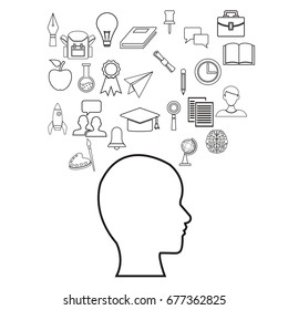 white background with sketch contour profile head human with elements academic knowledge floating
