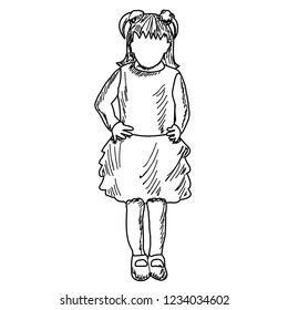 white background, sketch, lines, sketch, child, girl stands