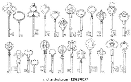 white background, sketch old key, collection