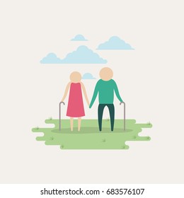 white background sky landscape and grass with silhouette set pictogram elderly couple in grass vector illustration
