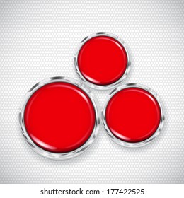 White background with small circles and three red buttons
