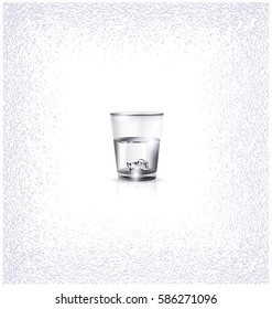 white background, the small glass of strong alkoholic drink or water and ice cubes inside