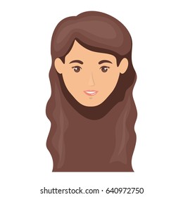 white background of smiling woman face with long wavy hairstyle in dark brown vector illustration