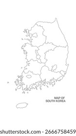 Fundo branco do mapa da Coreia do Sul com design de arte em linha, perfeito para projetos educacionais, geográficos e criativos.