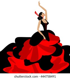 white background and Spanish dancer in red-black dress