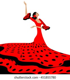 white background and Spanish dancer in red-black dress