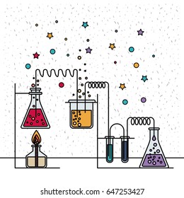 white background with sparkles and scene of chemical laboratory with an experiment in process vector illustration