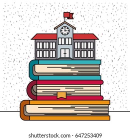 white background with sparkles of school buildinf on stack of books vector illustration