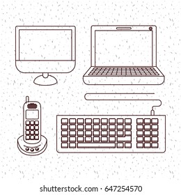 white background with sparkles and silhouette computer and phone office tech vector illustration