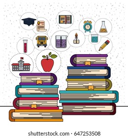 white background with sparkles of stack of books with education element icons vector illustration