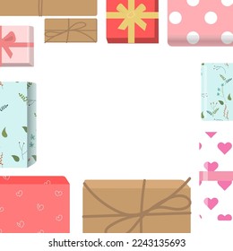 White background with speckled gift boxes around. Empty space for text.