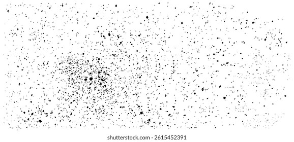White background with splashes of black paint. Sprayed vector drops of paint. The effect of dust, grit and dirt. Vector brushes in grunge style, ink blots, dirty textures.  