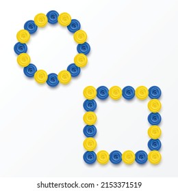 White background with square and circle frames and bright yellow and blue rose flowers. Abstract top view floral holiday frame background. 