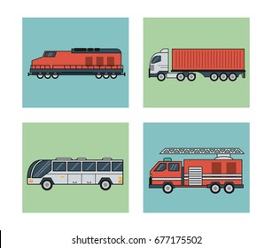 white background with square set of vehicles of public transport