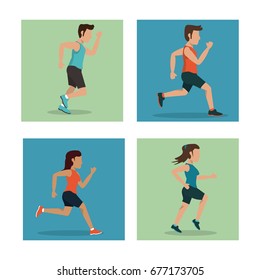 white background with squares set of male and female athletes running
