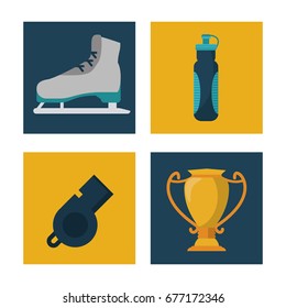 white background with squares set of sports elements ice skates and water bottle and whistle and trophy