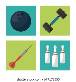white background with squares set of sports elements bowling ball and dumbbell and bowling pins and dart