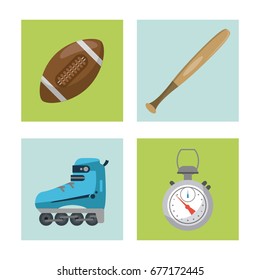 white background with squares set of sports elements football ball and baseball bat and chronometer and roller skate