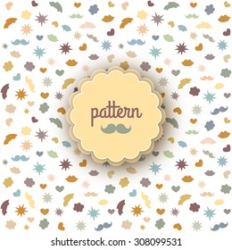 A white background with stars, clouds, mustaches, lips and cars on the retro colored background. Can be used for advertisement, pattern fills, invitation letter, magazines, retro style work and etc. 
