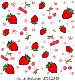 White background with strawberries and cherries.  Summer fruit illustration. Vector Illustration