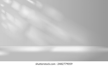White background studio for product presentation with gray shadows from light shining through the window, backdrop and floor of a simple 3D room, abstract pattern, soft gradients and bright tones.