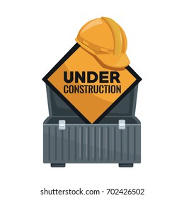 white background with suitcase of tools and diamond shape traffic signal text under construction and helmet protection