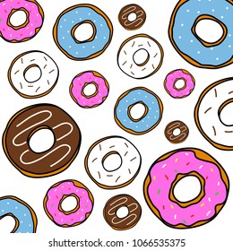 White background. Sweet donuts with different flavours.