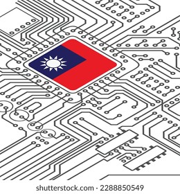 White background with Taiwan flag microchip and perspective electric circuit board silhouette. Electronic technology boardwith cpu made in Taiwan
