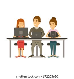 white background with teamwork sitting in desk with tech devices vector illustration