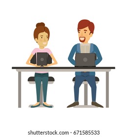 white background with teamwork of woman and man sitting in desk with tech devices and her with collected hair and him in casual clothes with van dyke beard vector illustration