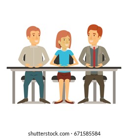 white background with teamwork of woman and men sitting in desk vector illustration