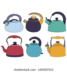 white background, teapot with handle, collection set