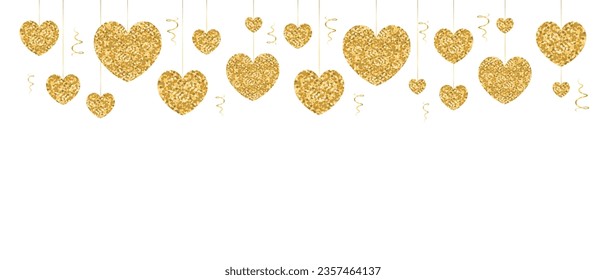 White background for text with golden glitter hanging hearts. Festive background.Vector