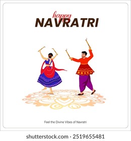 Texto de fondo blanco Feliz Navratri en la parte superior bailando con ropa tradicional india con palos