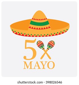 White background with text, a hat and a pair of shakers. Cinco de Mayo background.