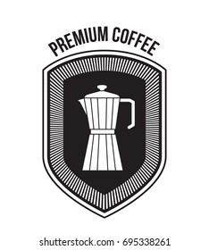 white background of text premium coffee and logo design of decorative shield with silhouette metallic jar of coffee with handle vector illustration