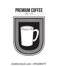 white background of text premium coffee beans since 1970 and logo design of decorative emblem with silhouette mug vector illustration