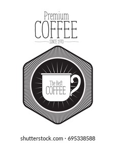 white background of text premium coffee beans since 1970 and logo design of diamond shape decorative frame with silhouette mug the best coffee vector illustration