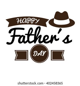 White background with text, ribbons, a banner and a hat for father's day celebrations