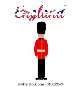 White background with text and a royal british soldier. Vector illustration