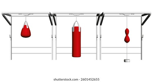 A white background with three red boxing bags hanging from a rack. The bags are of different sizes and colors