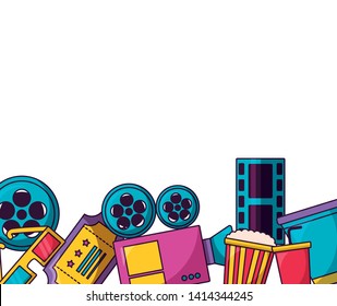 white background ticket 3d glasses popcorn soda cinema movie vector illustration
