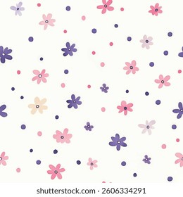 White background with tiny pastel pink, purple, and blue flowers and polka dots. small flower, tiny flower seamless pattern vector illustration, doodle summer, kids and baby designs for print fabric.