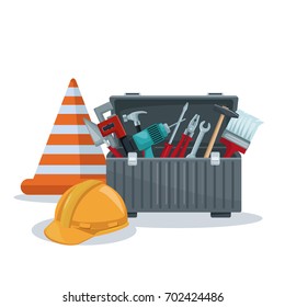white background with toolbox and cone with helmet protection