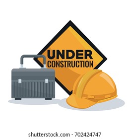 white background with toolbox and helmet protection with diamond shape traffic signal under construction text