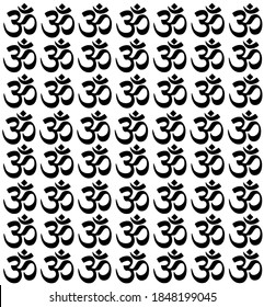 White Background with Traditional Indian symbols: mantra, om, ganesh. Seamless pattern with Spiritual Yoga Symbol of Om, Aum ,Ohm India symbol Meditation, yoga mantra hinduism buddhism zen, icon.